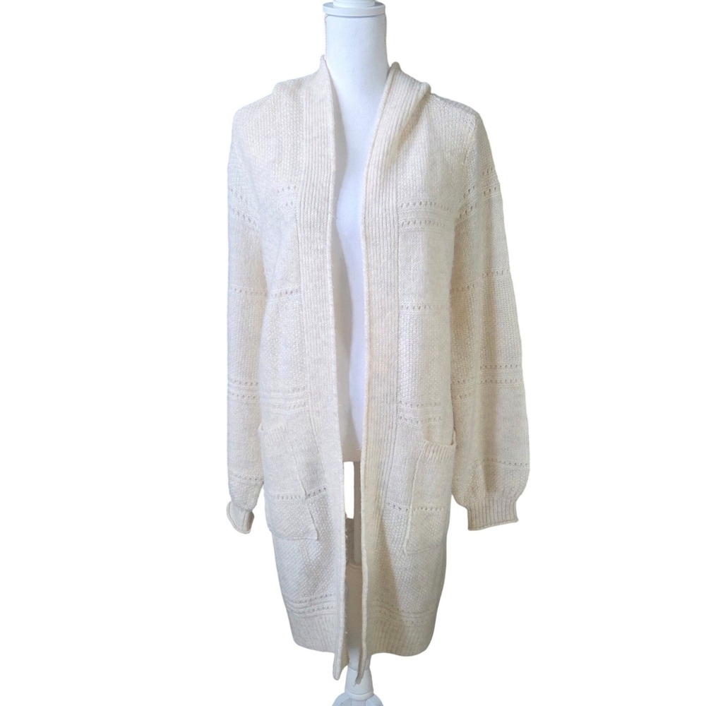 Abercrombie & Fitch Cream Knit Long Hooded Open Front Duster Cardigan Sweater S